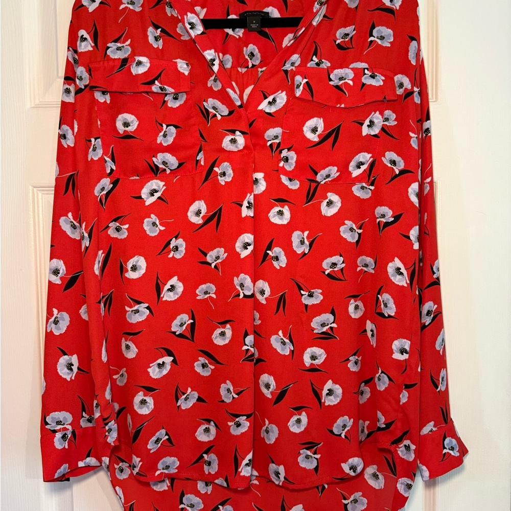 Ann Taylor Red Graphic Sailor Collar Blouse